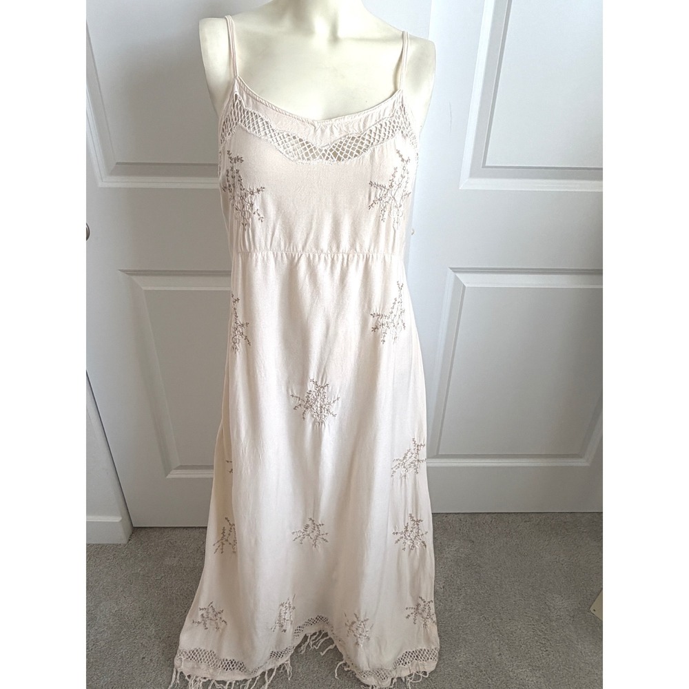 Papillon Vintage Cream Embroidered Crochet Fringe Maxi Dress Boho Cottagecore L